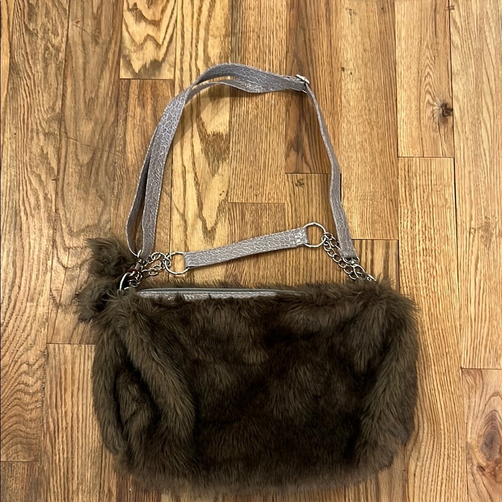 Brown Faux Fur Sling Shoulder Bag Purse Satchel